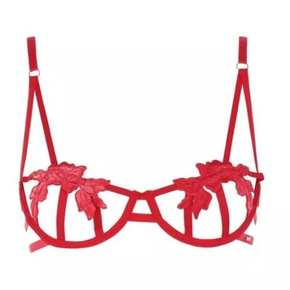 New! Bluebella Red Eden Floral Applique Open-Cup Bra Size 30B 1771
